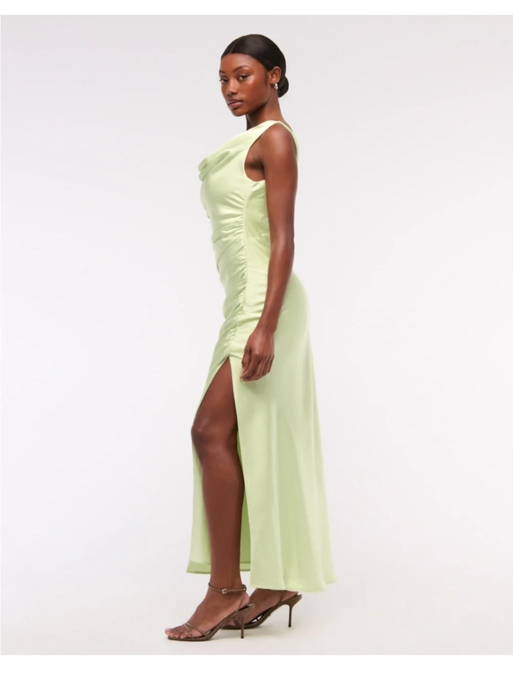 Abercrombie & Fitch Light Green Satin Cowl Ruched Maxi Dress